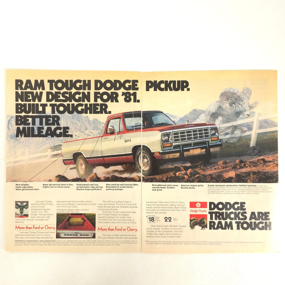 1981 Dodge Ram Pickup Print Ad Ram Tough Vintage Truck Wall Garage Wall Decor